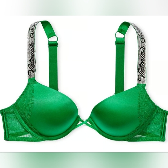 VS Shine Strap Bombshell Bra Verdant Green VS Script Logo - Picture 1 of 1